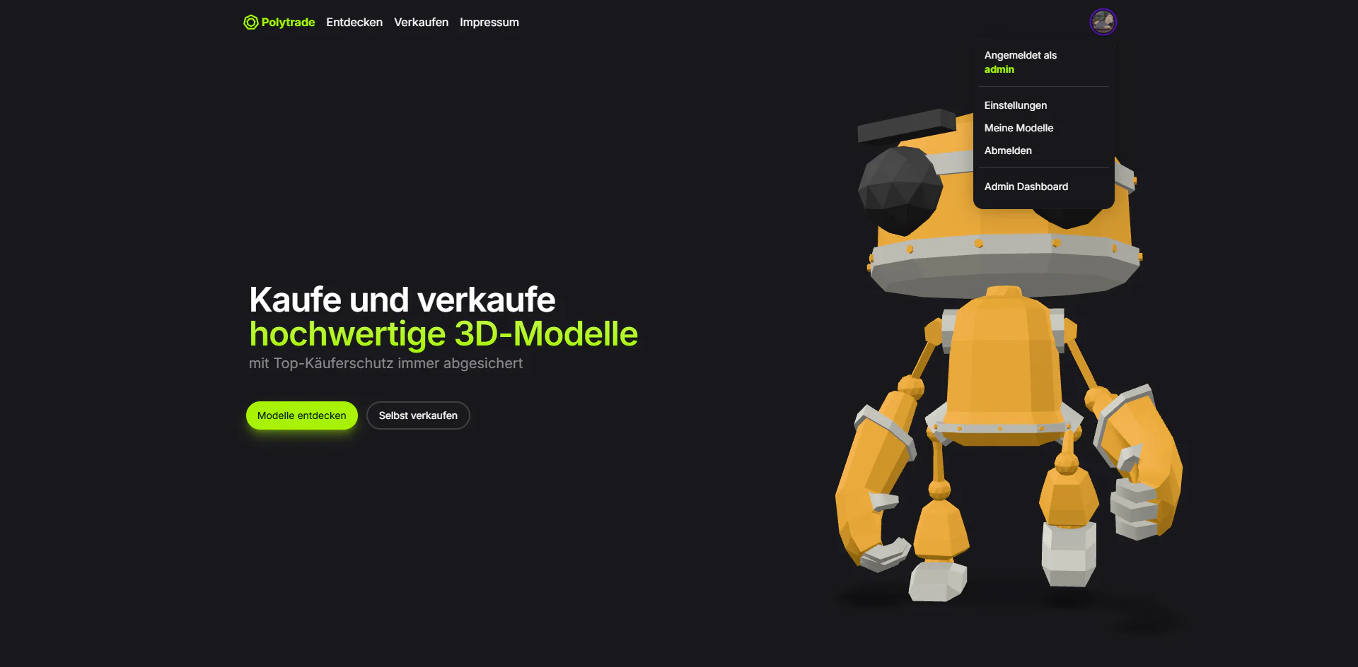 User-Einstellungen (dieser User ist Admin, normale User sehen den Bereich »Admin Dashboard« nicht)