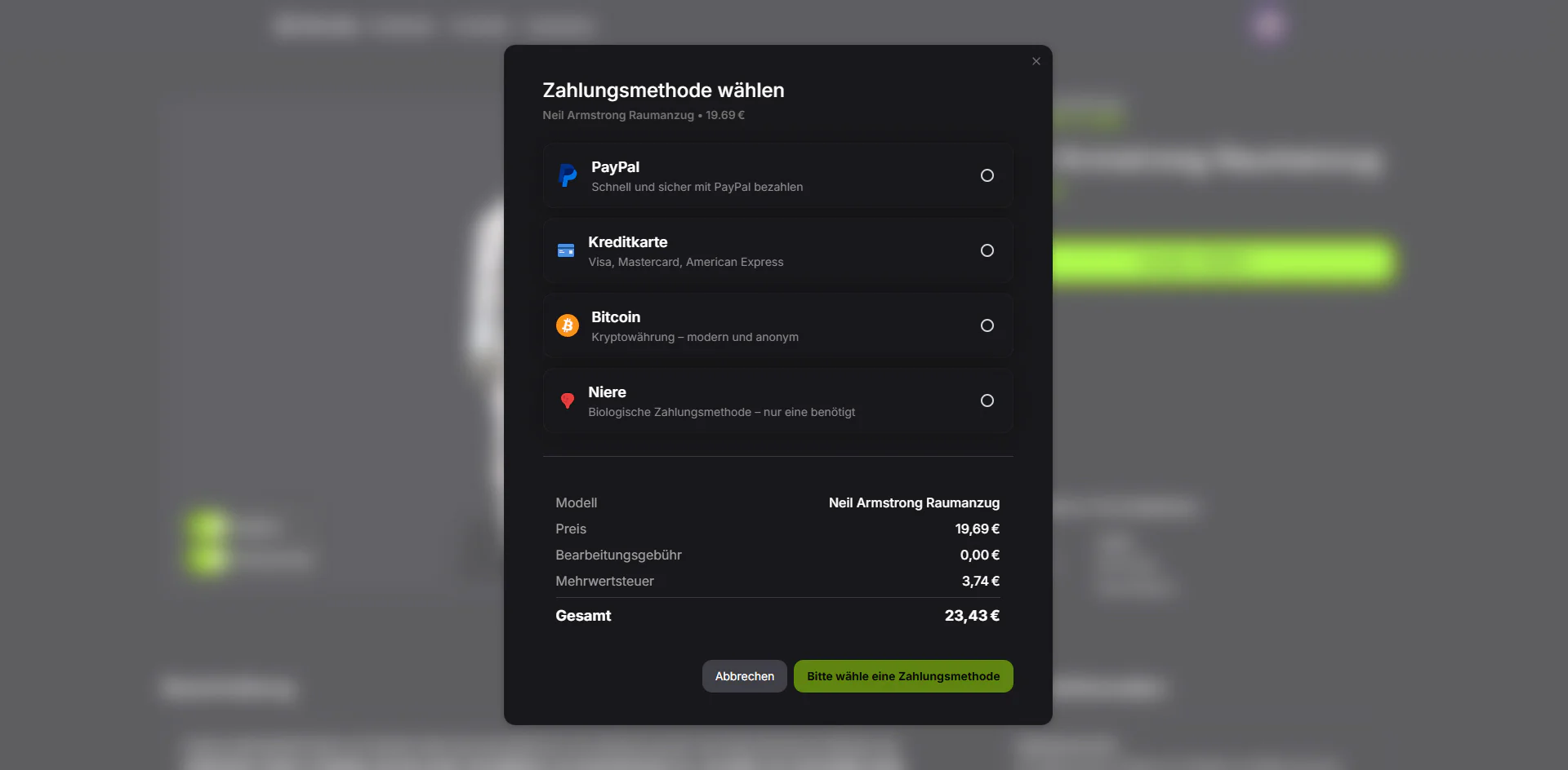 Zahlungsmaske beim Modellkauf