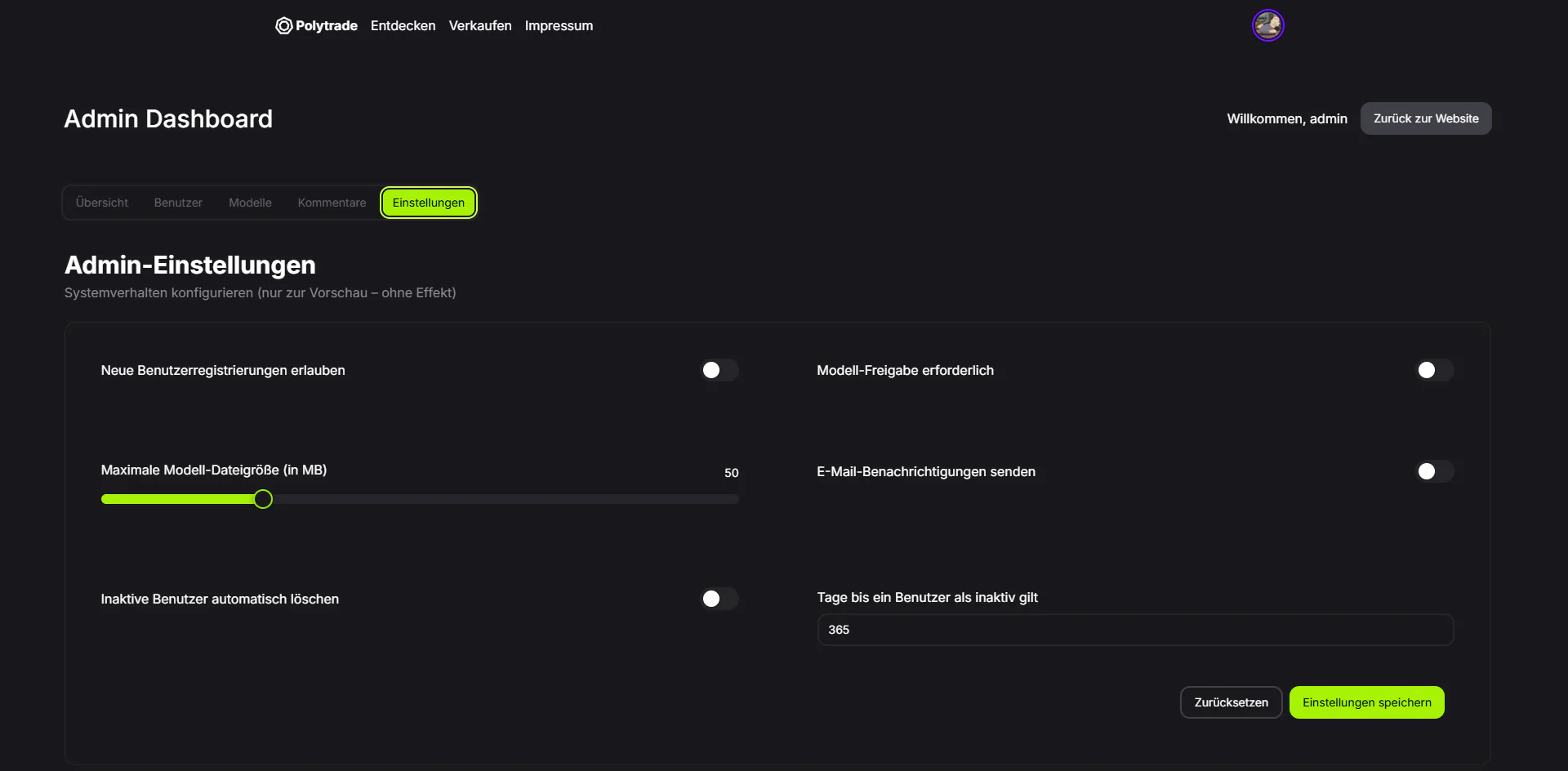 Admin-Dashboard: Einstellungsansicht. Weitere Einstellungen für Admins. Diese hatten noch keine Funktionalität und dienten nur der Visualisierung.