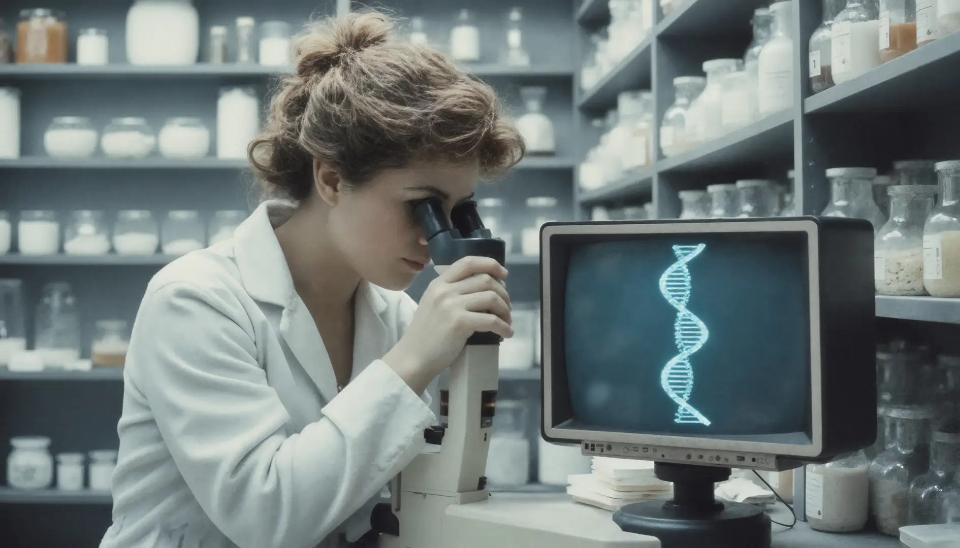 Generiertes Bild für den Teil »Geschichte mit Viola Allen«: Entdeckung der DNA-Doppelhelix-Struktur 1953 (aufbauend auf Rosalind Franklins »Foto 51«)